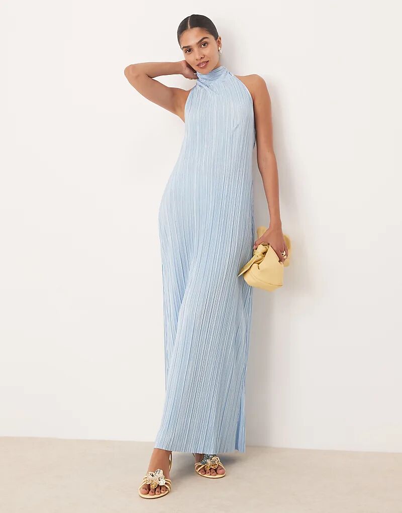 

Длинное платье ASOS DESIGN с плиссированной завязкой-халтер нежно-голубого цвета