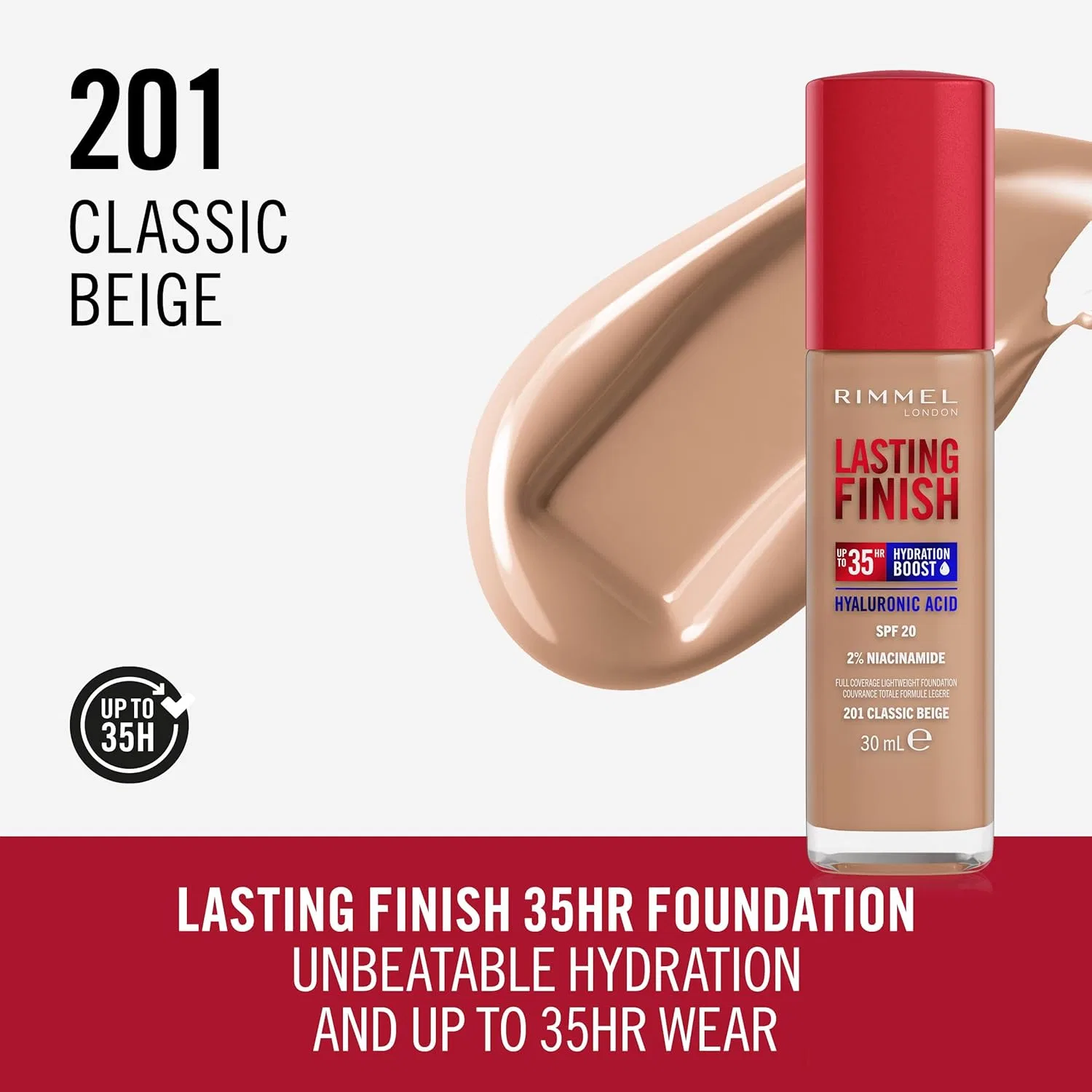 Увлажняющая тональная основа Rimmel London Lasting Finish 35H, оттенок Classic Beige Rimmel, 201 Classic Beige — фото 2