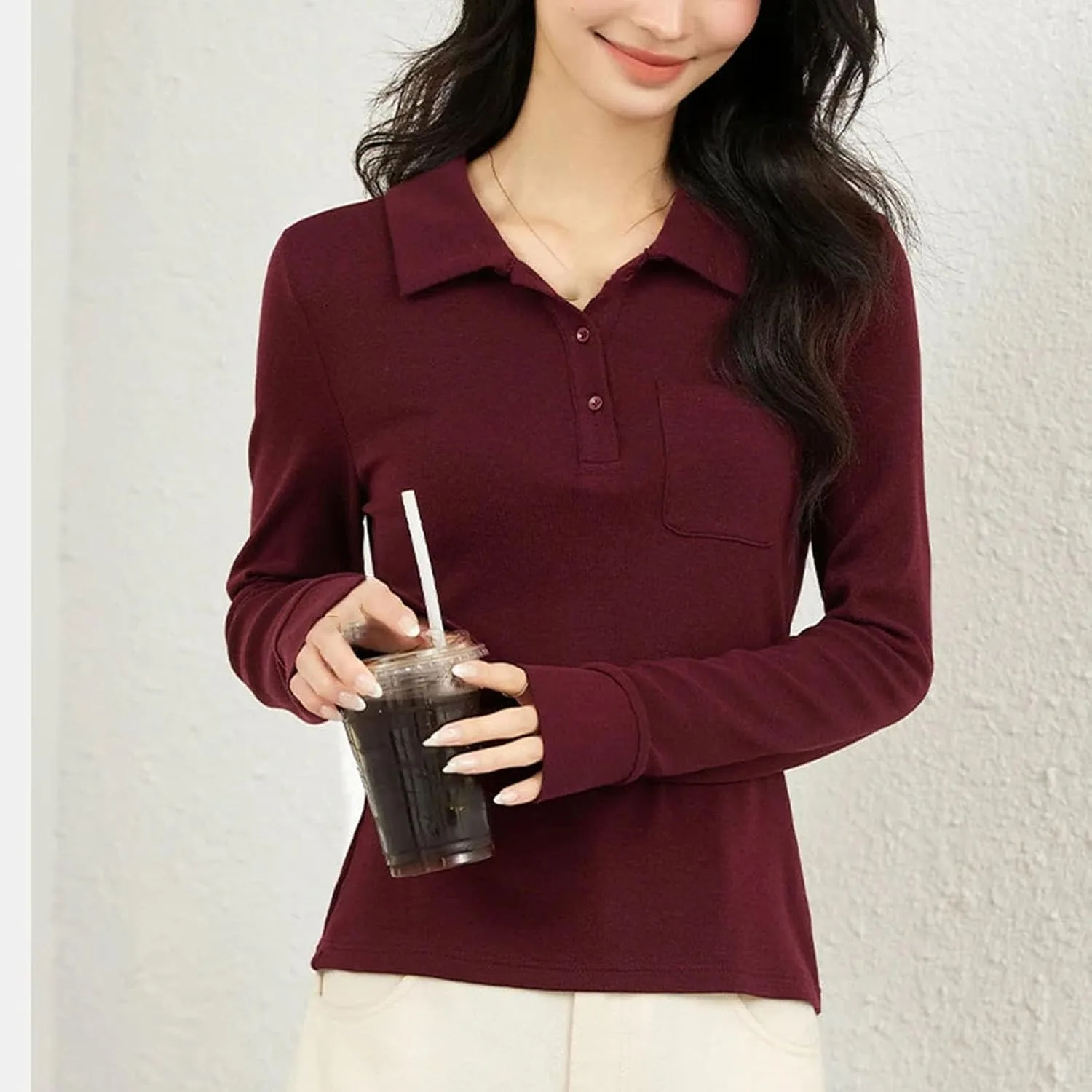 Женская красная футболка с воротником, Casual, длинный рукав, Slim Fit — фото 3