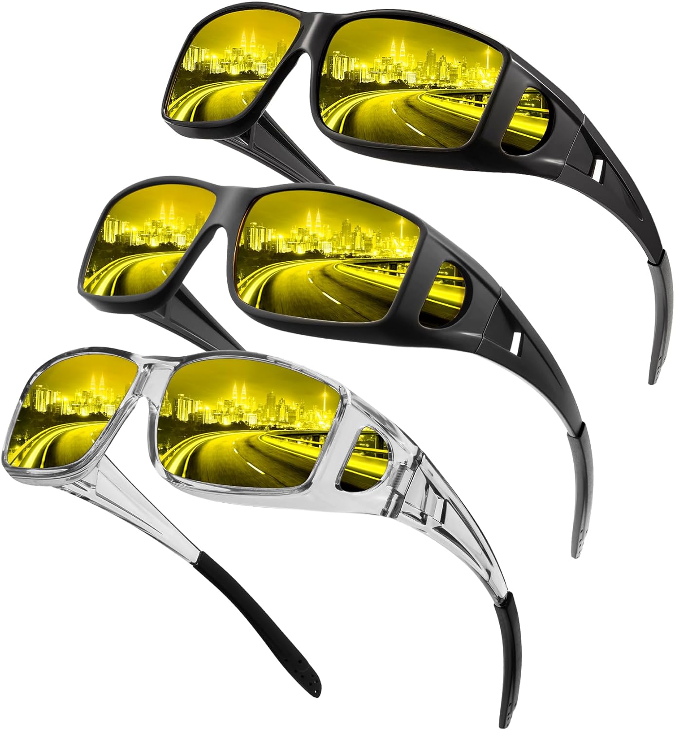 

Очки ночного видения, надеваемые поверх очков, для мужчин и женщин, с обтекаемыми антибликовыми линзами HD для ночного вождения QALLY, A09-matte Black/Glossy Black/Clear Grey