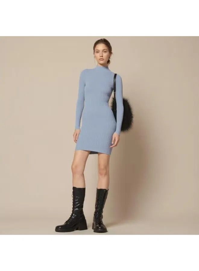 Платье короткое в полоску с высоким воротом и длинным рукавом Zara, серо-синий — фото 2