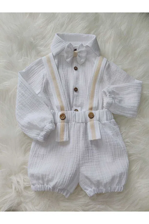 Детский комбинезон для мальчиков хлопковый Muslin baby boy salopet shirt bow tie set newborn Ykr Design, White