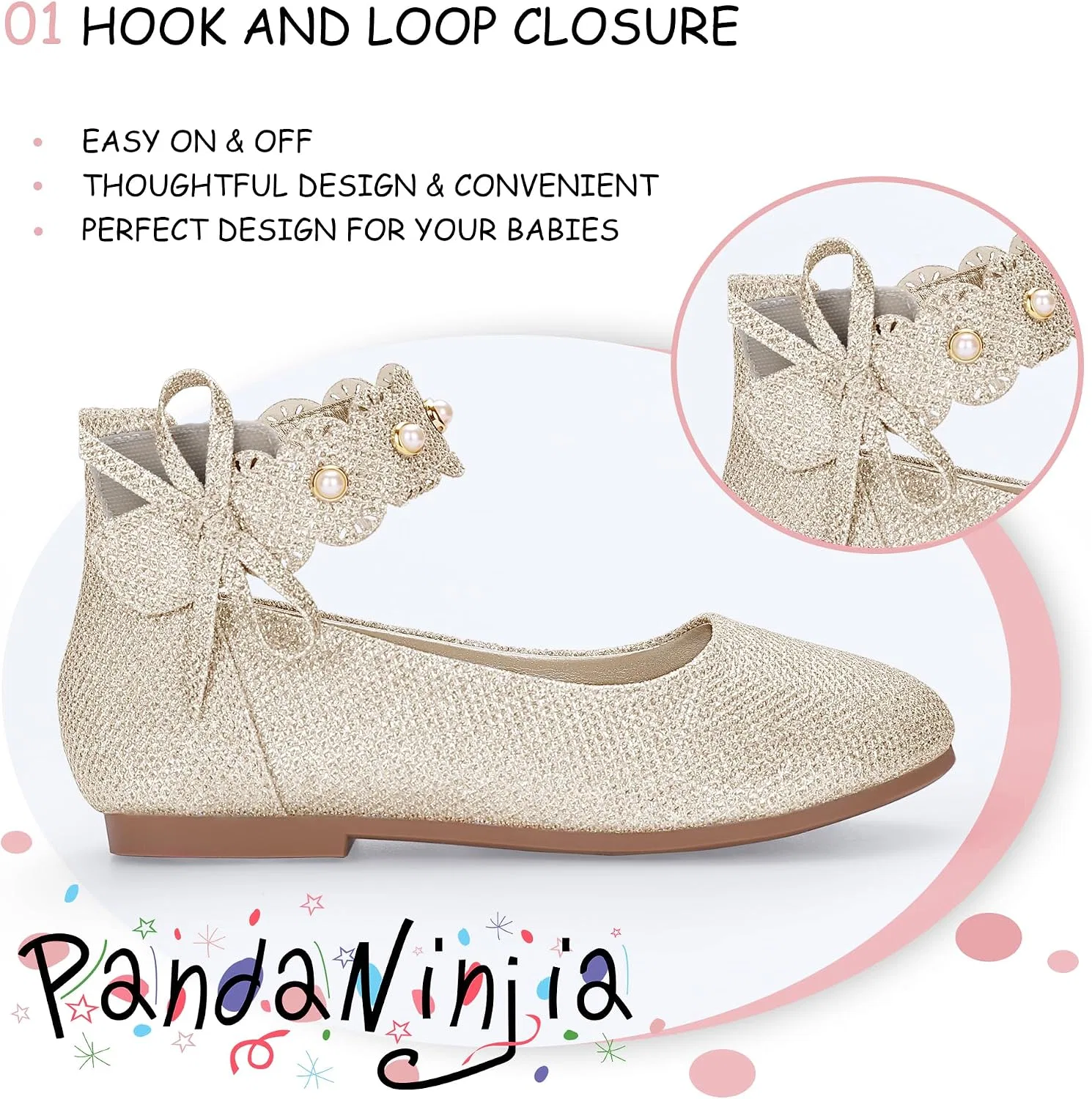 Детские балетки для девочек с жемчугом PANDANINJIA, Gold Glitter — фото 3