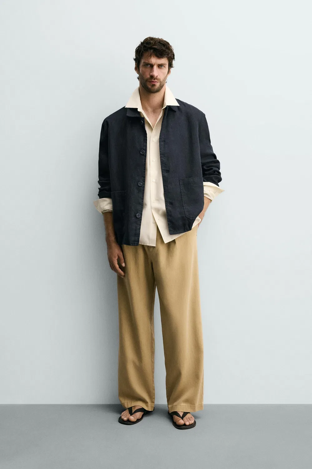 Рубашка-куртка из 100% льна, стандартного кроя. ZARA, Navy blue