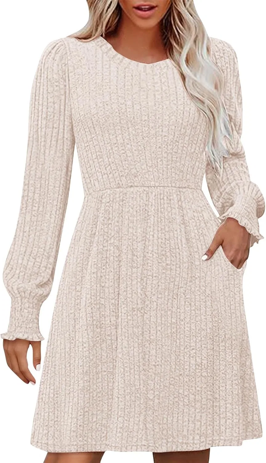 Женское платье с длинным рукавом Ribbed Knit, Beige