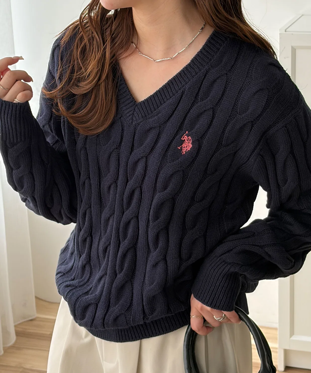 Женский пуловер с V-образным вырезом, с длинным рукавомU.S. POLO ASSN., Navy