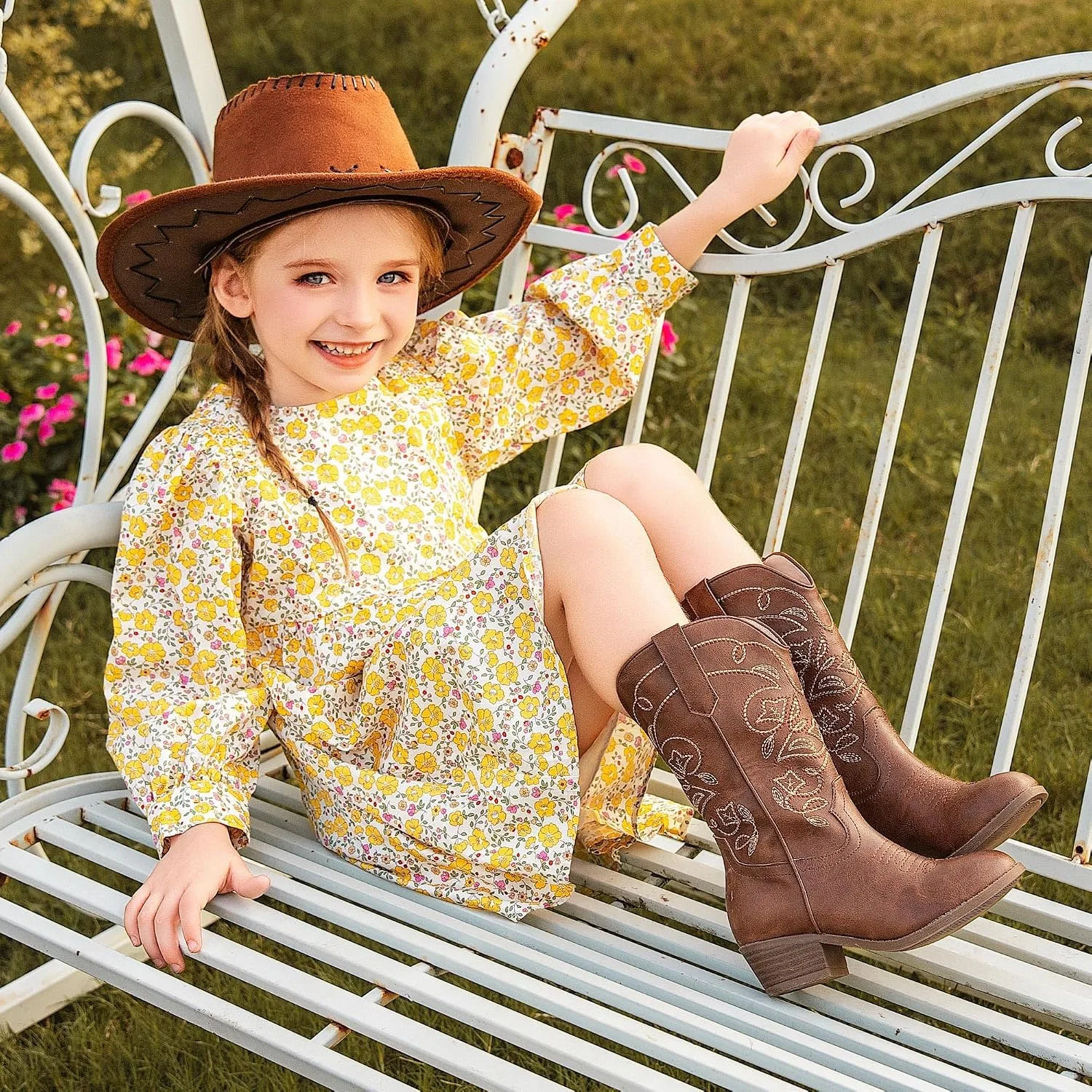 Детские сапоги для девочек с вышивкой Cowgirl Boots LAURMOSA, Brown — фото 4