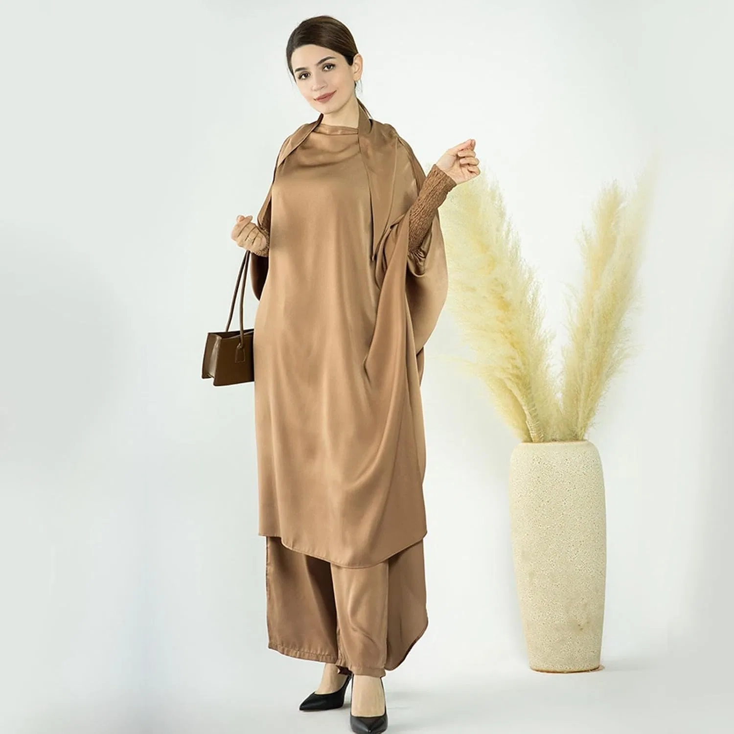 Женское этническое кафтан-абайя V-образный вырез, Khaki — фото 2