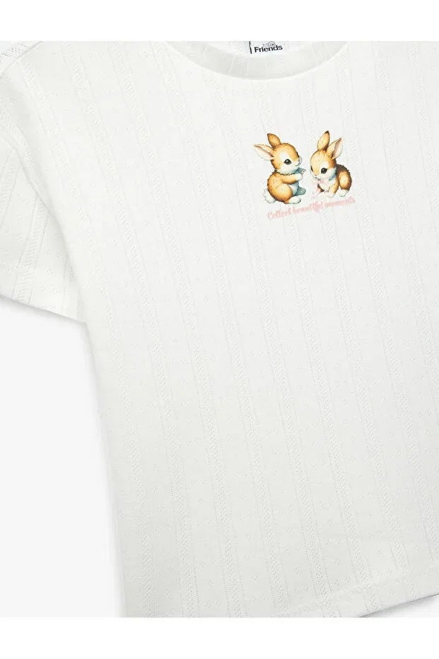 Детское для девочек хлопковое футболка с принтом Cotton rabbit printed crew neck short sleeve t-shirt Koton, Ecru — фото 3