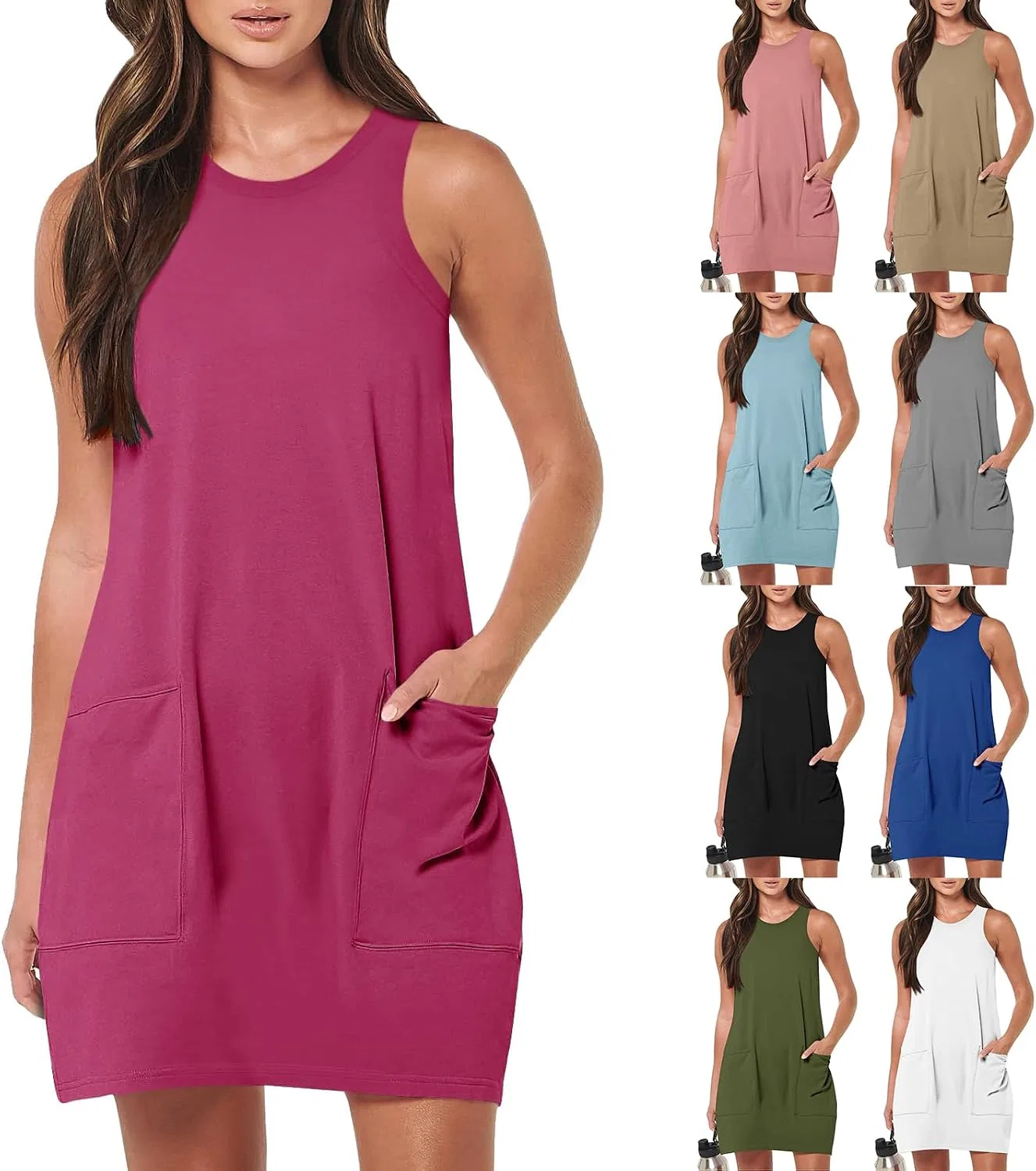 Женское мини-платье на бретелях с круглым вырезом Casual Summer, Hot Pink