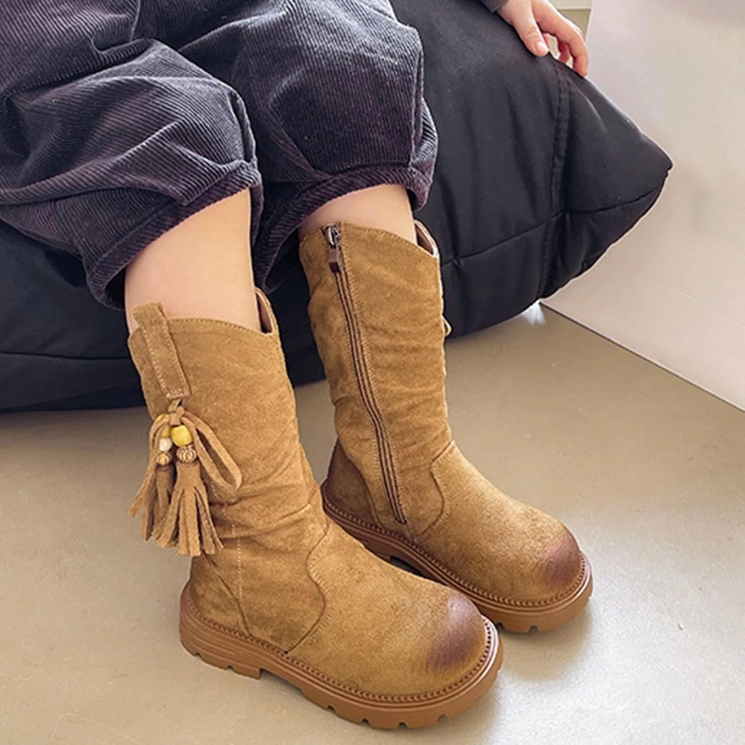Детские сапоги для девочек с бахромой Fashion Faux Suede SHOPESSA, Khaki — фото 3