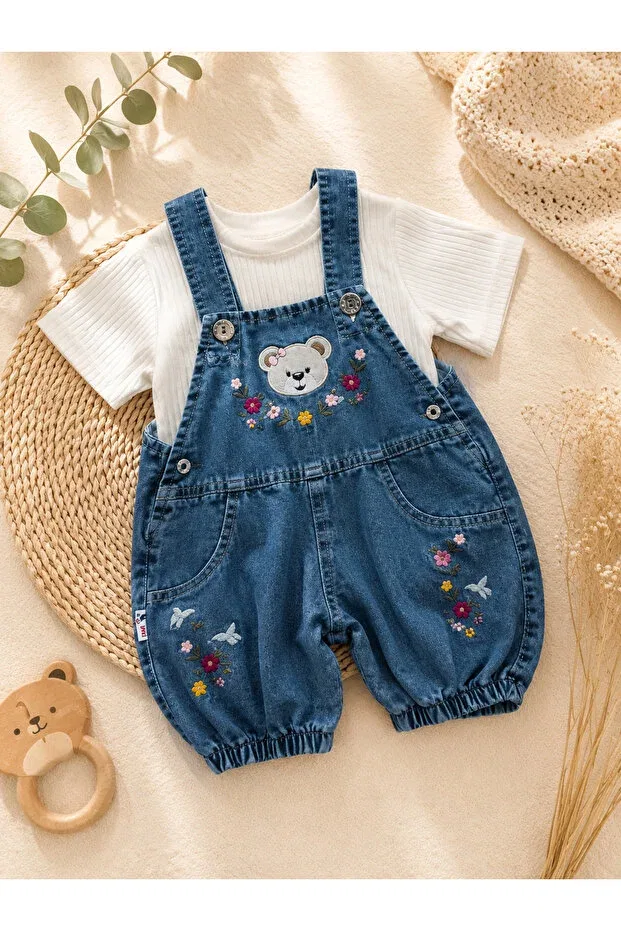 Детский джинсовый полукомбинезон с вышивкой медведя Basics Maxi Idol, Denim Blue — фото 3