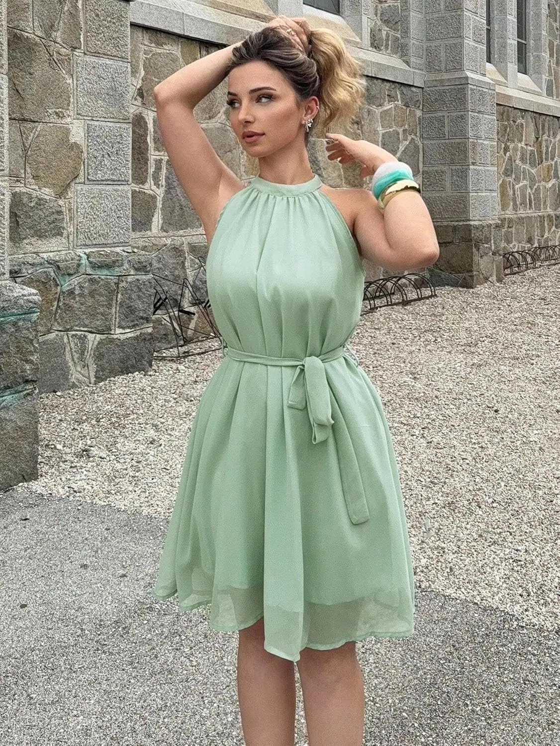 Женское повседневное платье А-силуэта на пуговицах без рукавов, Mint Green — фото 2