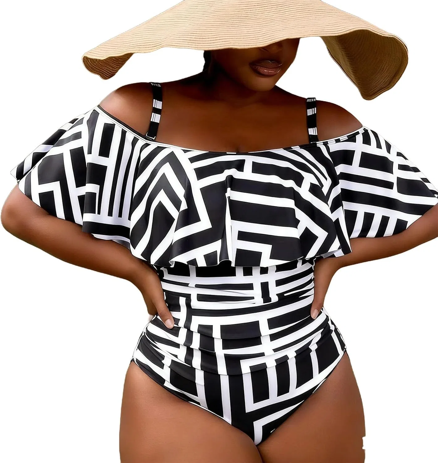 Женский цельнокроеный купальник с воланами Off Shoulder Plus Size, Black