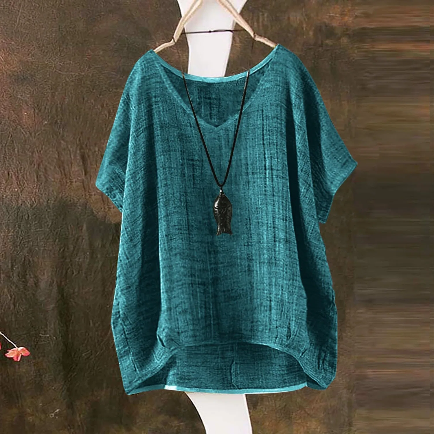Женская туника с коротким рукавом из льна, однотонная, Plus Size, Green — фото 2