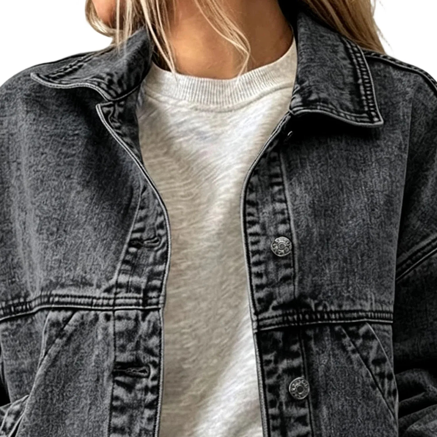 Женская джинсовая куртка oversize с длинным рукавом, Grigio scuro — фото 4