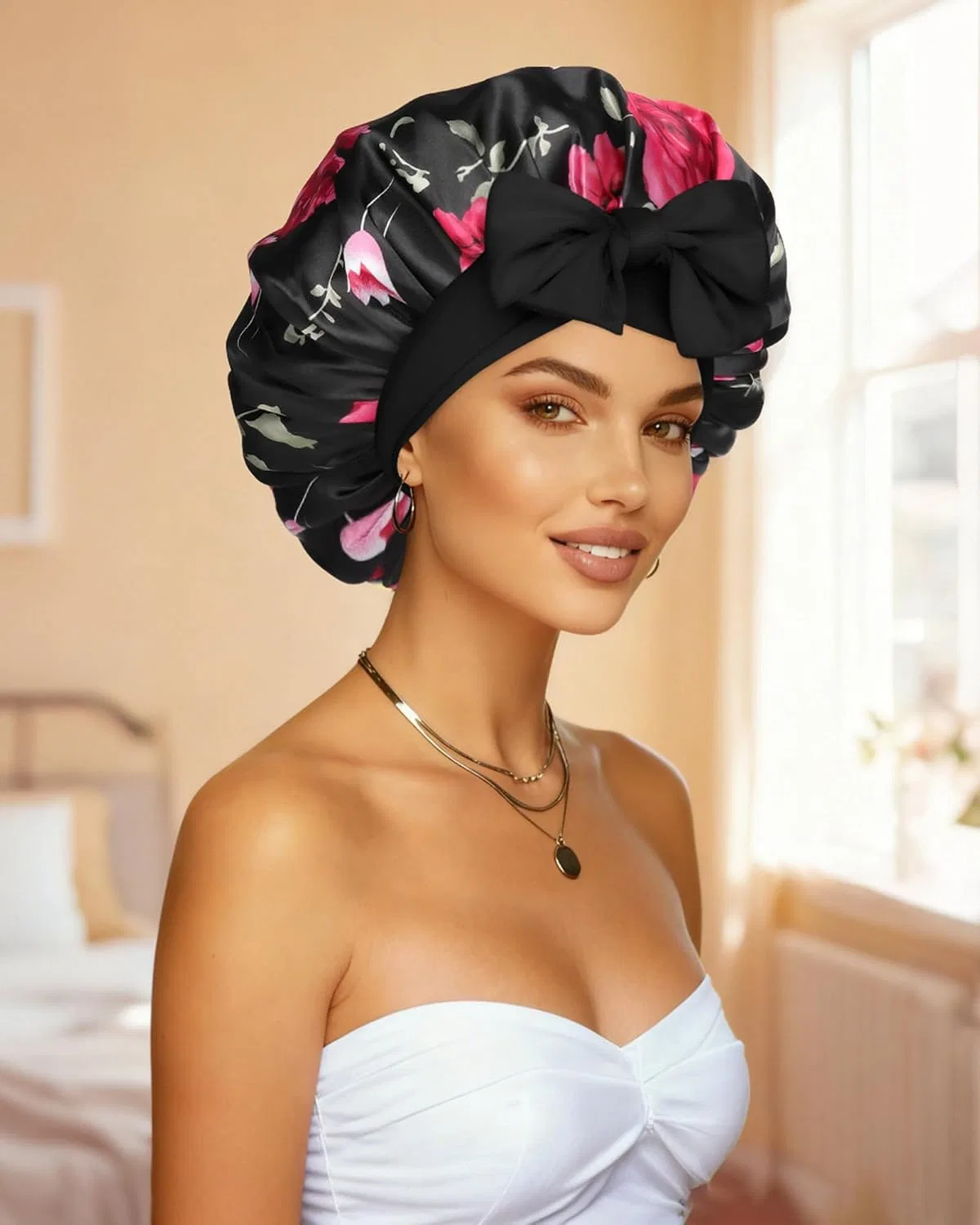 Шапочка для душа Satin Sleep Bonnet, CHLINS, черный цветок и черный — фото 3