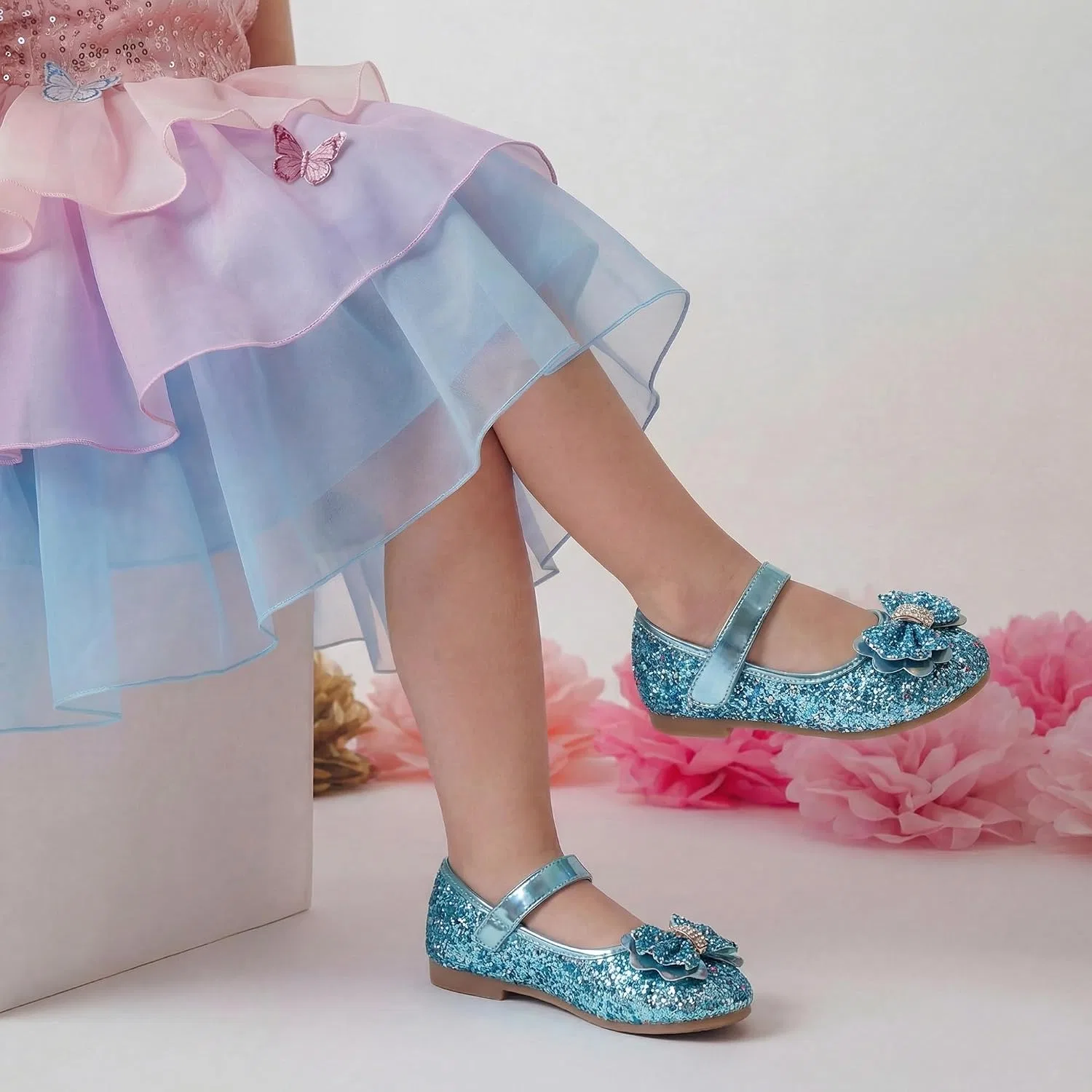 Детские балетки для девочек с цветочным принтом PANDANINJIA, Blue Sequin — фото 3