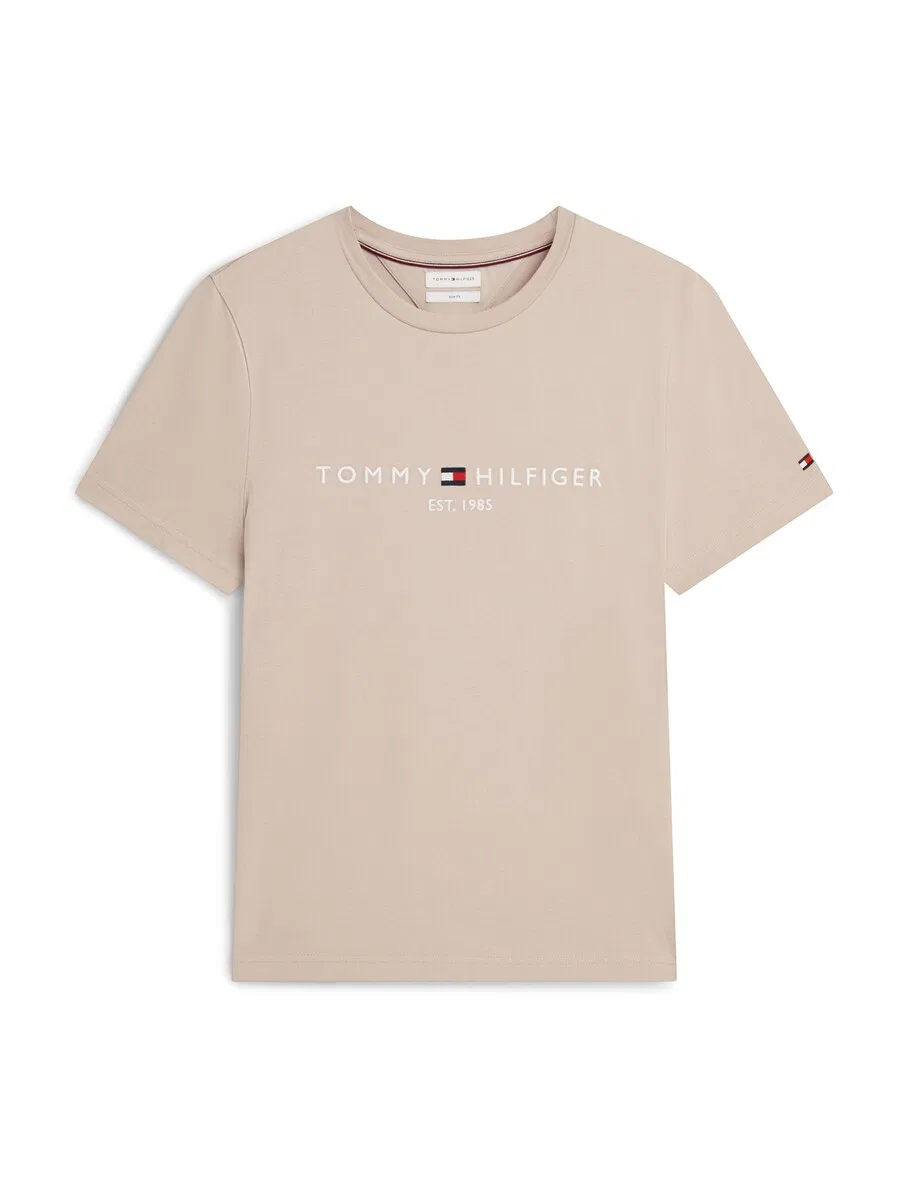 Рубашка TOMMY HILFIGER прямого кроя с вышивкой логотипа, приталенная, бежевого цвета