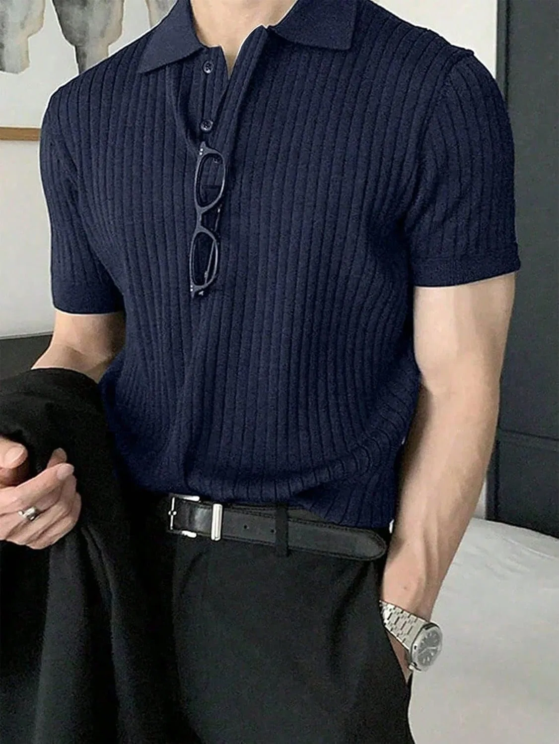 Мужская футболка с ребристой вязкой Ribbed Knit, Navy Blue — фото 3