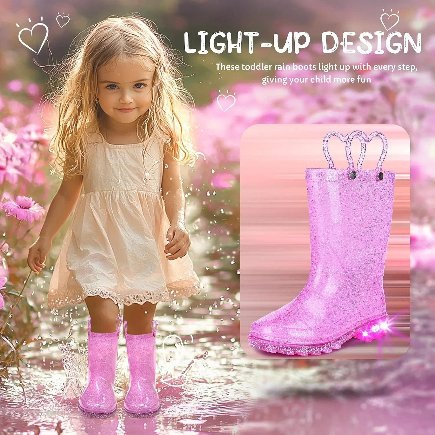 Детские сапоги дождевые с блёстками и подсветкой Funspread, Glitter Pink — фото 2