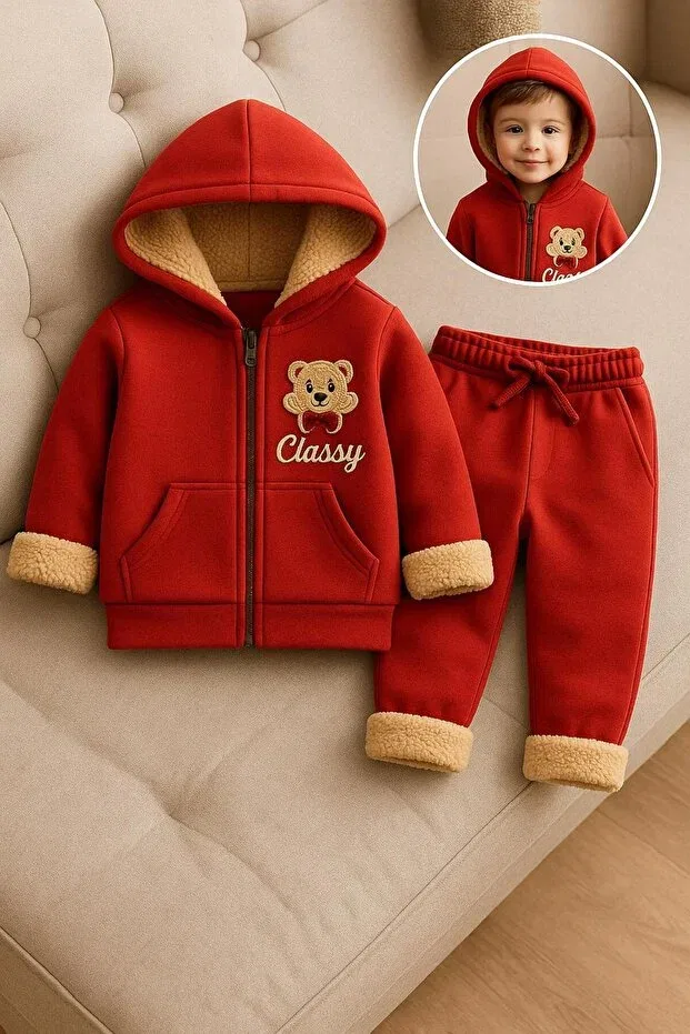 Детский спортивный комплект для девочек с принтом Winter3 yarn-unisex children's k hooded zippered suit - embroidered teddy bear, furry inside Classy Moda, Красный
