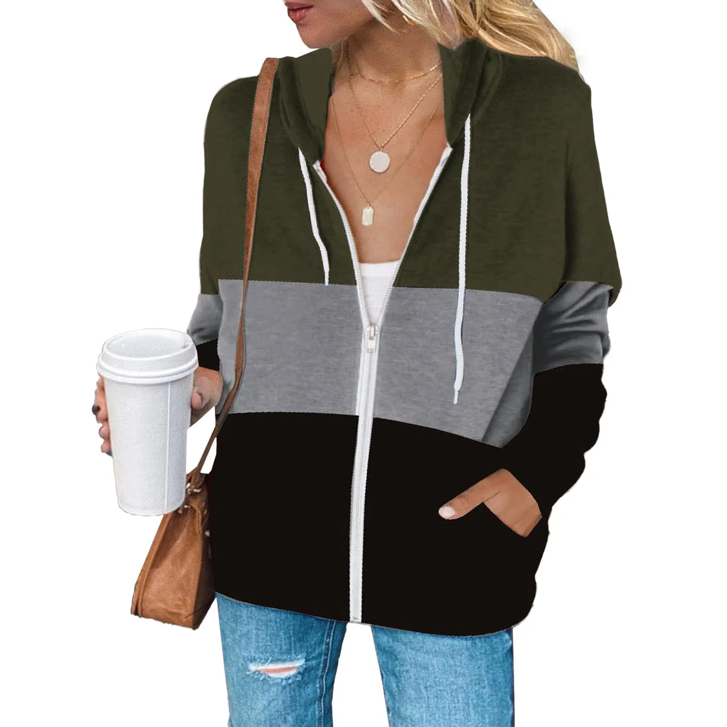 Женский худи с принтом Color Block Zip Up Hoodie, Grey/Green