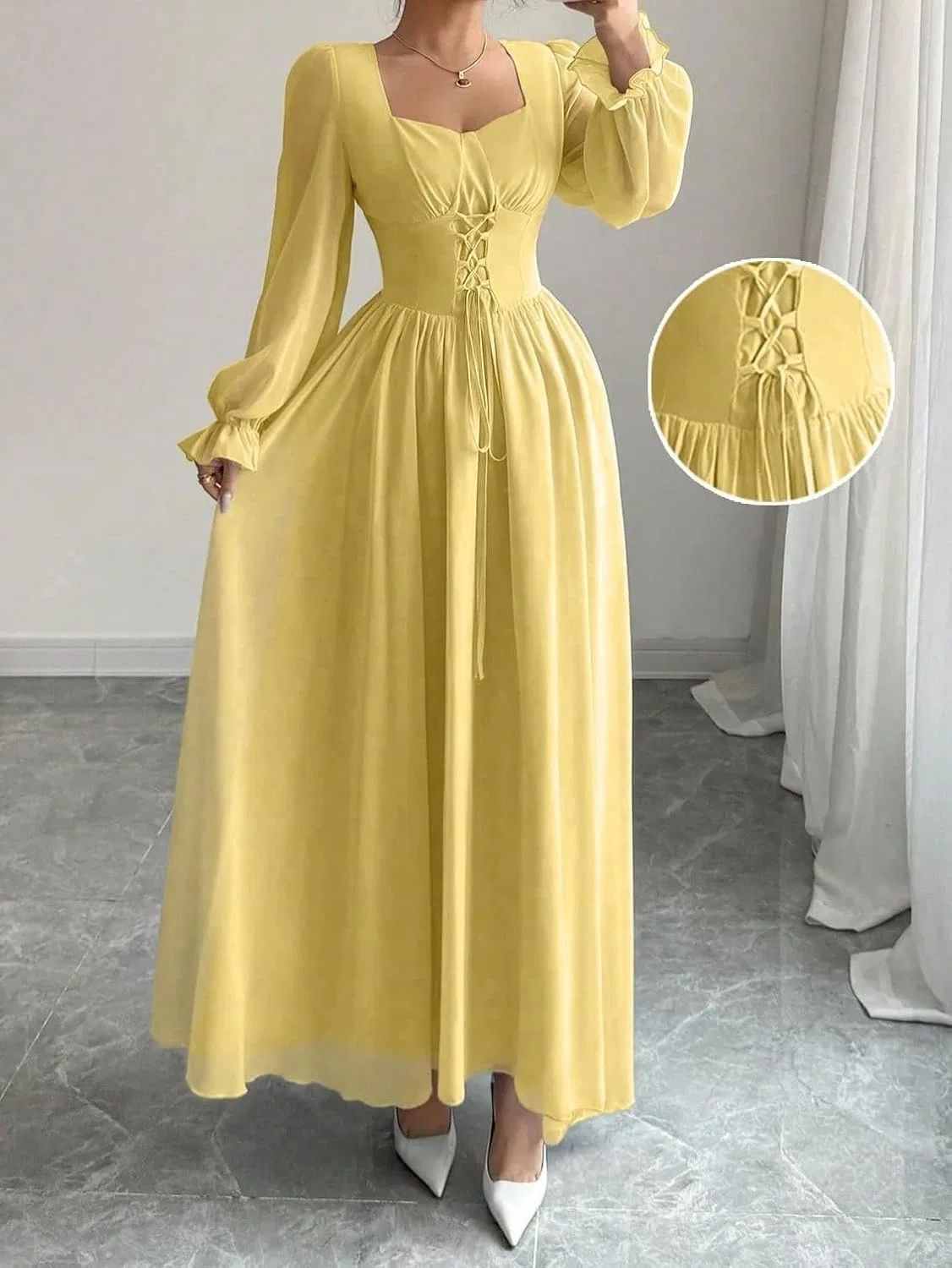 Женское элегантное платье A-силуэта с кружевной шнуровкой, Yellow — фото 4