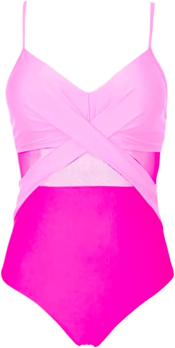 Женский цельный купальник с V-образным вырезом и сетчатым вырезом, Pink