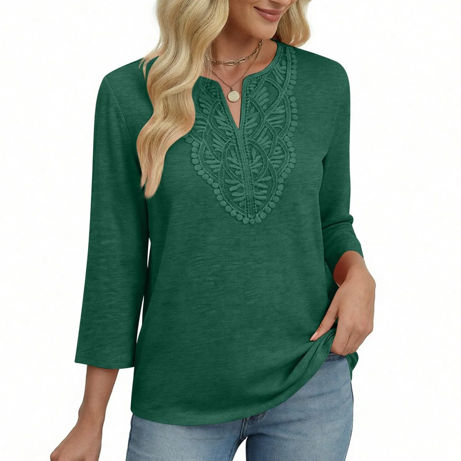 Женская льняная туника с вышивкой Retro 3/4 Sleeve Boho Casual Loose Fit Lightweight Summer Beach Blouse, C-green — фото 2