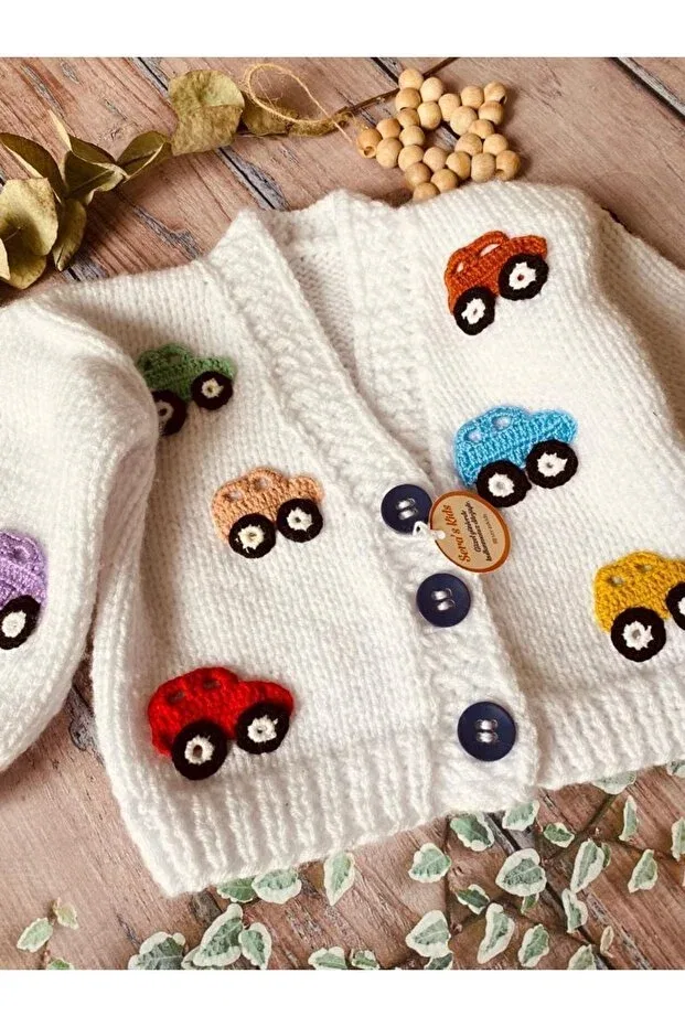 Детский кардиган для мальчиков с принтом Hand Knitted White Car Pattern Seraskids, White