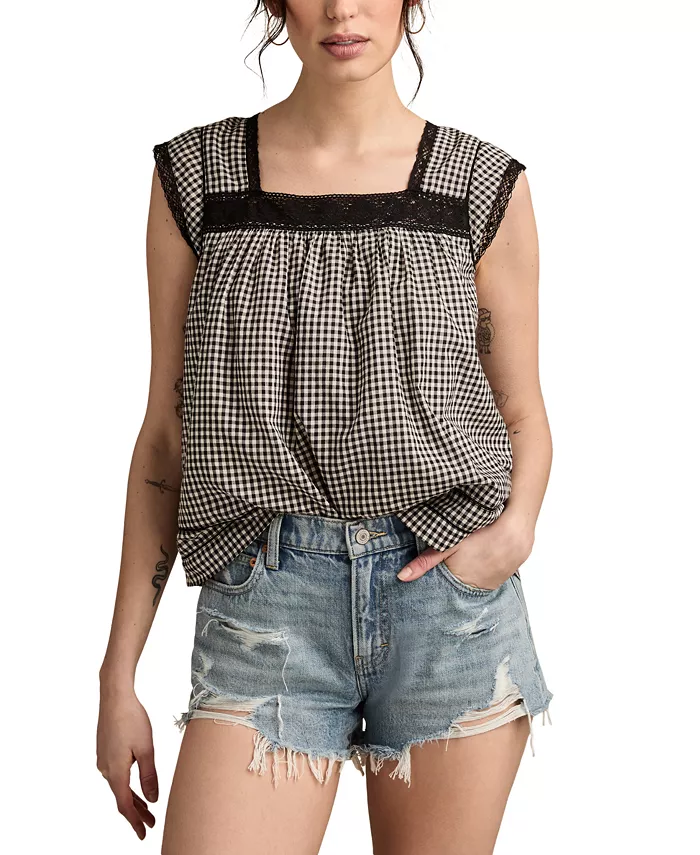 

Женский хлопковый топ с кружевной отделкой в клетку Lucky Brand, белый
