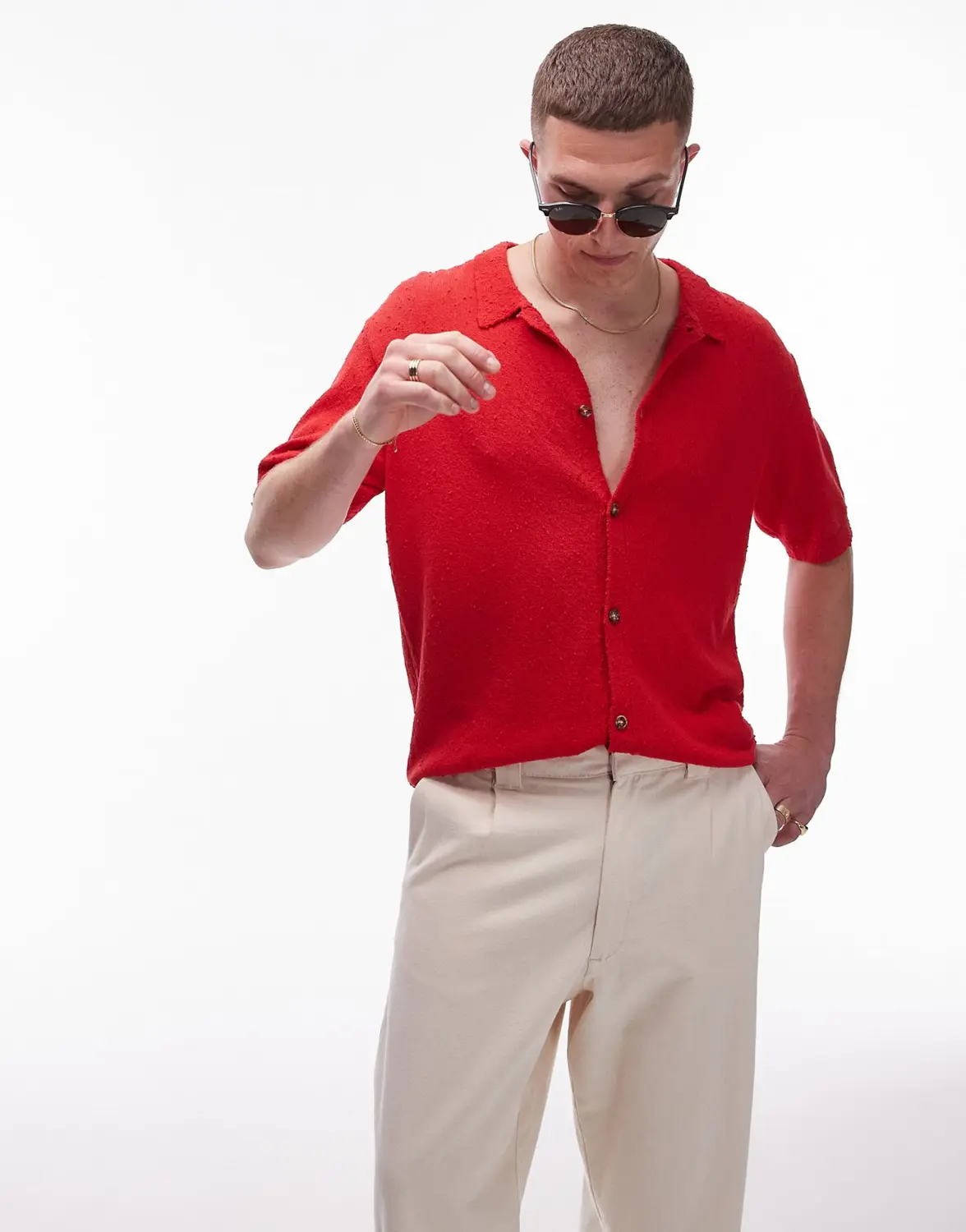 

Рубашка Topman Relaxed Fit Knitted Textured Button Through, красный