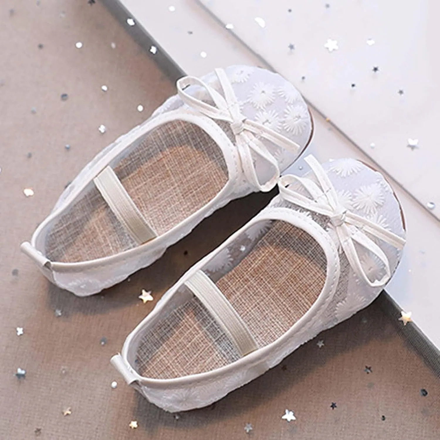 Детские балетки для девочек с вышивкой и бантом Lace Flats for Girls, White — фото 4