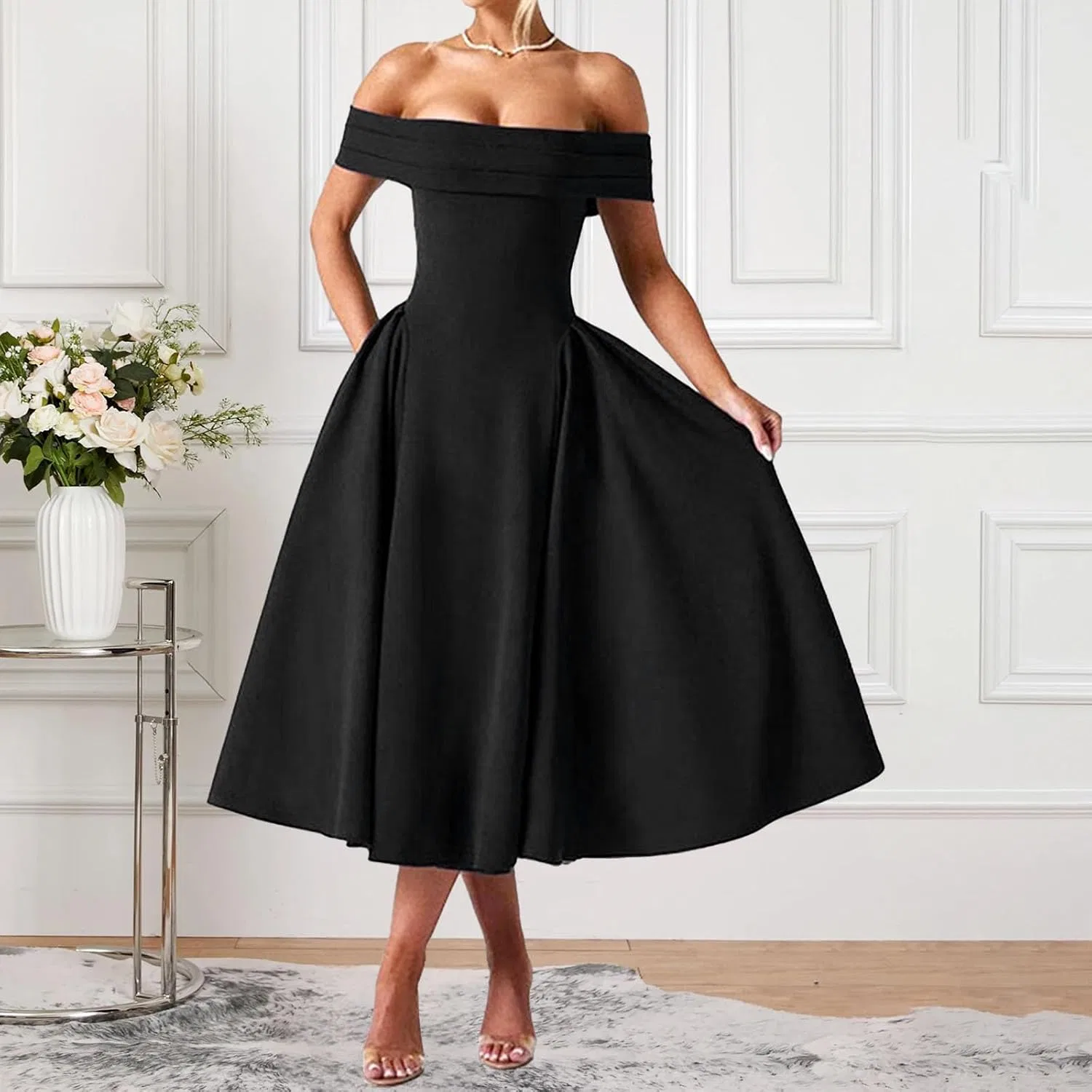 Женское элегантное платье с открытыми плечами A-силуэта, Black — фото 3
