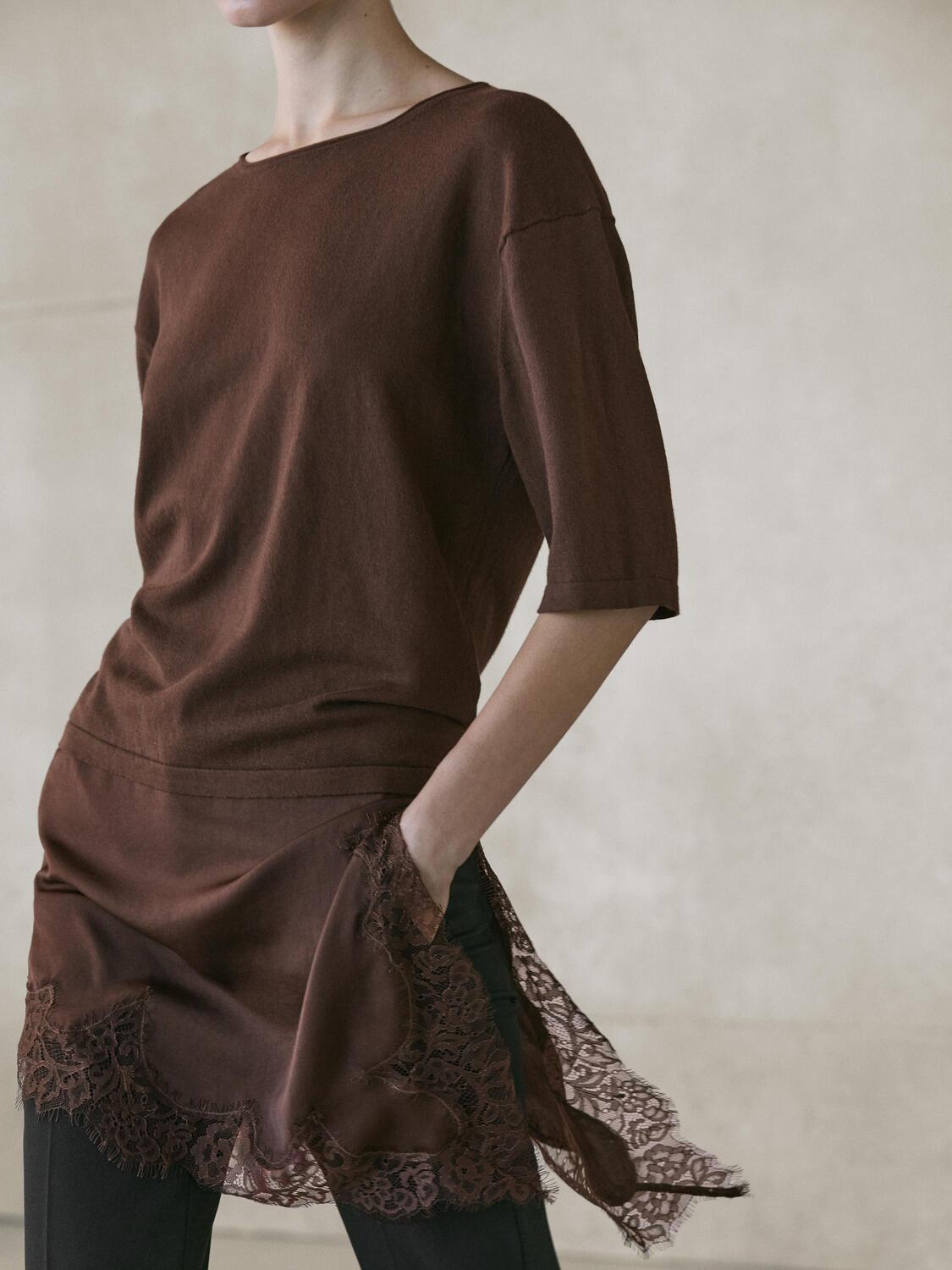Свитер Massimo Dutti With Contrast Lace Detail, коричневый — фото 4