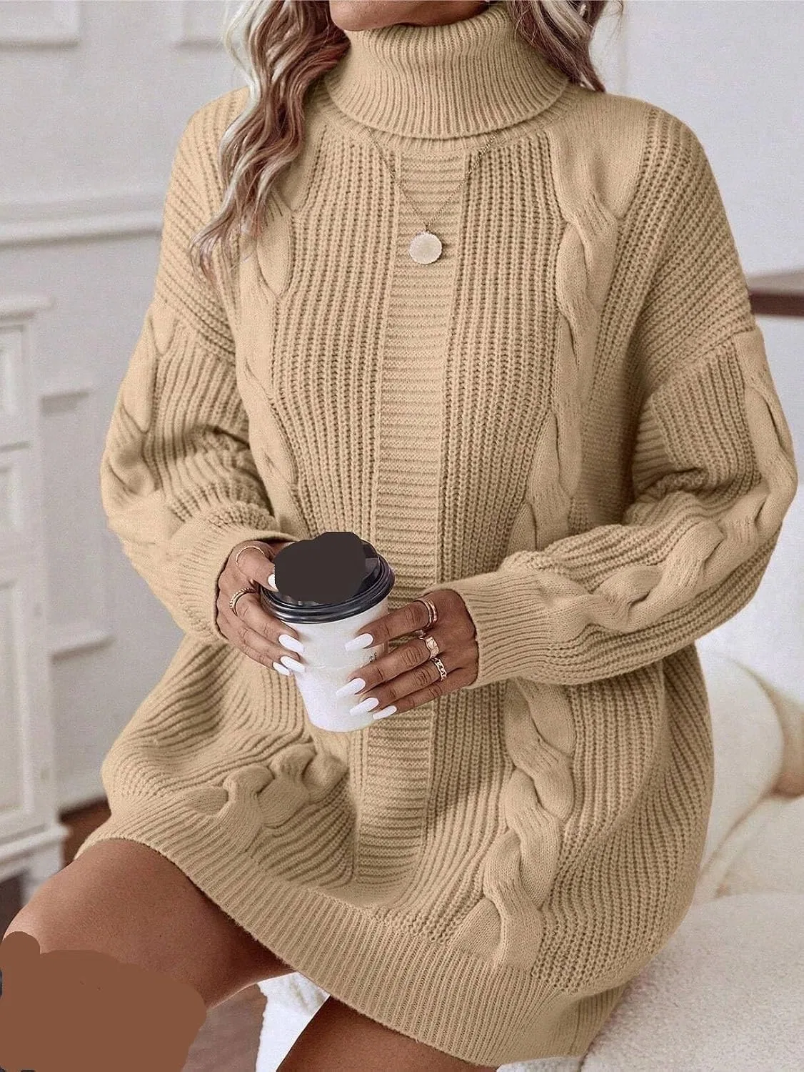 Женское повседневное платье-свитер с косами Drop Shoulder, Apricot — фото 3