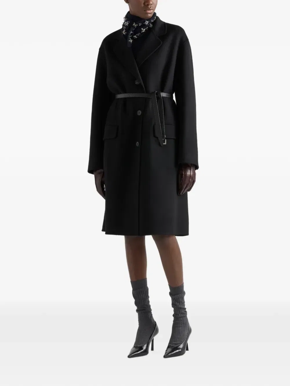 Двубортное пальто из кашемира с одинарными бортами Prada, черный — фото 2