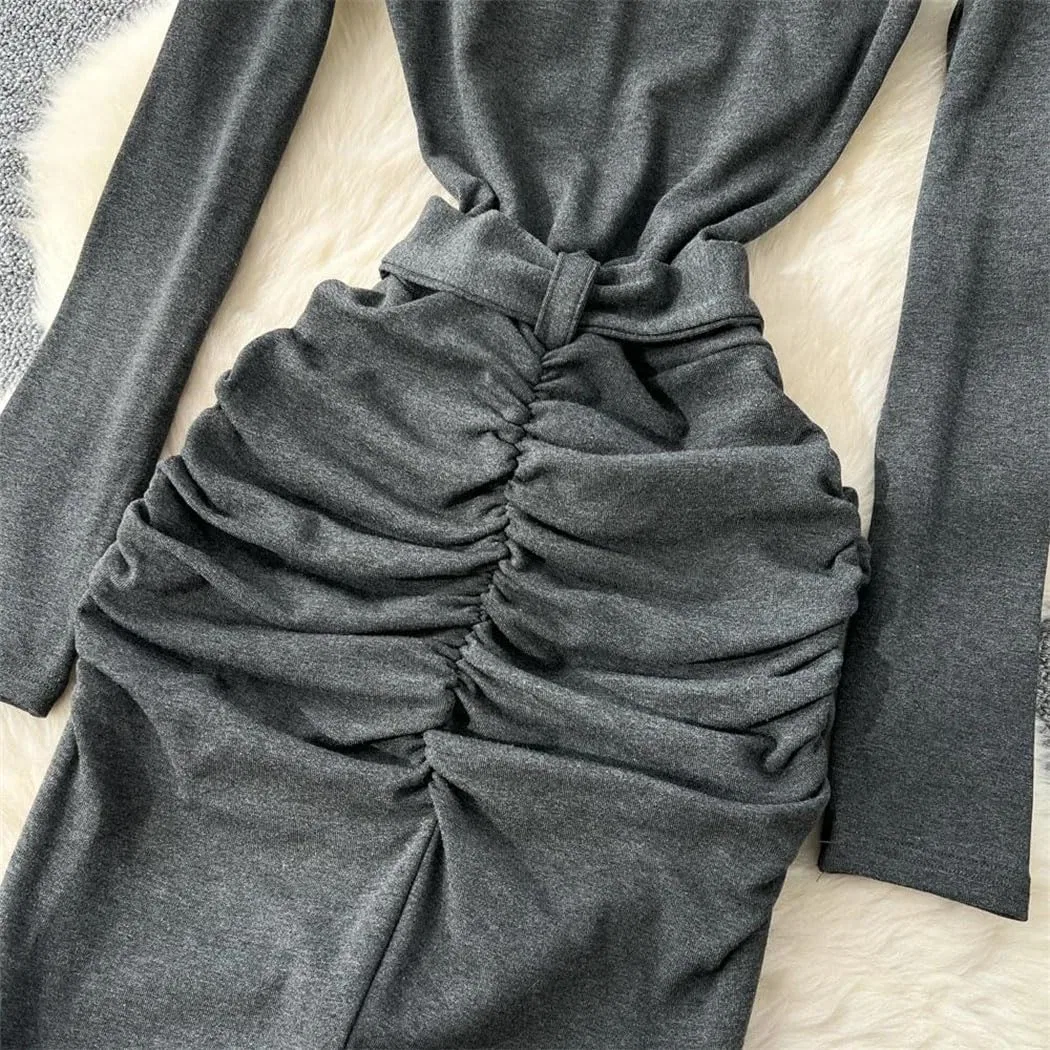 Женское элегантное длинное платье с высоким воротником и поясом, Black — фото 2