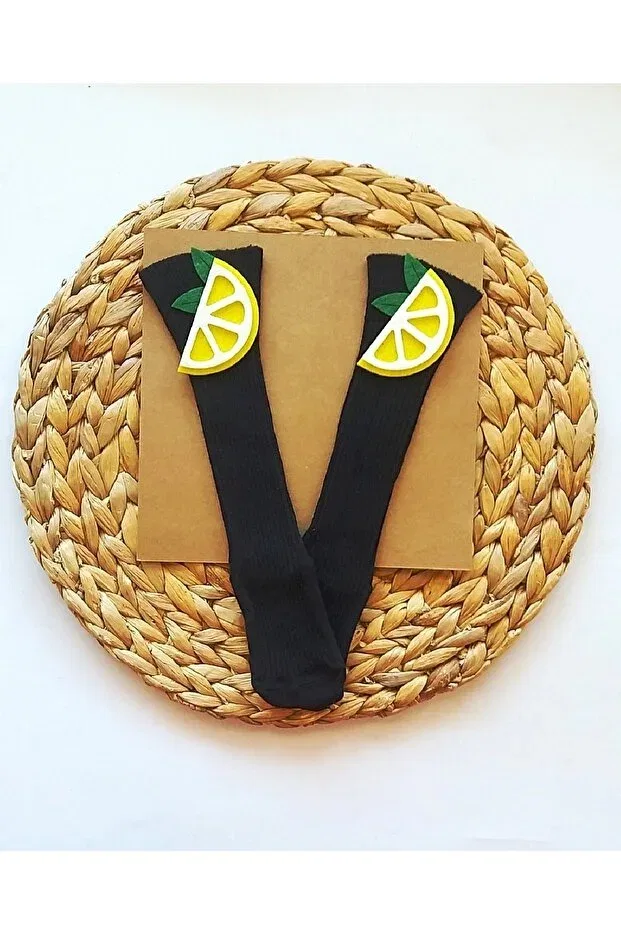 Детские гольфы для девочек с принтом Lemon Felt Decorated Asa Bebek Çocuk, Yellow Lemon Black Socks