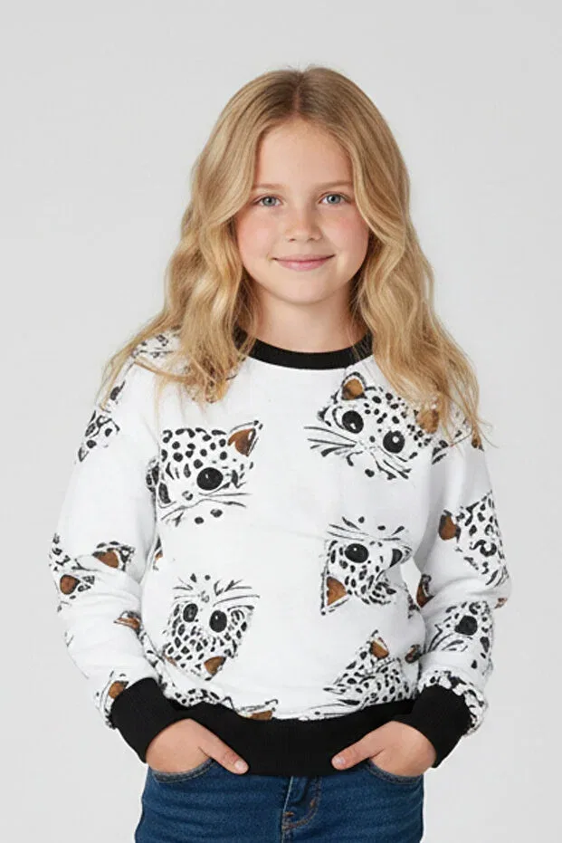 Детские свитшот для девочек с принтом Crew neck cat patterned Fyk Kids, White — фото 2
