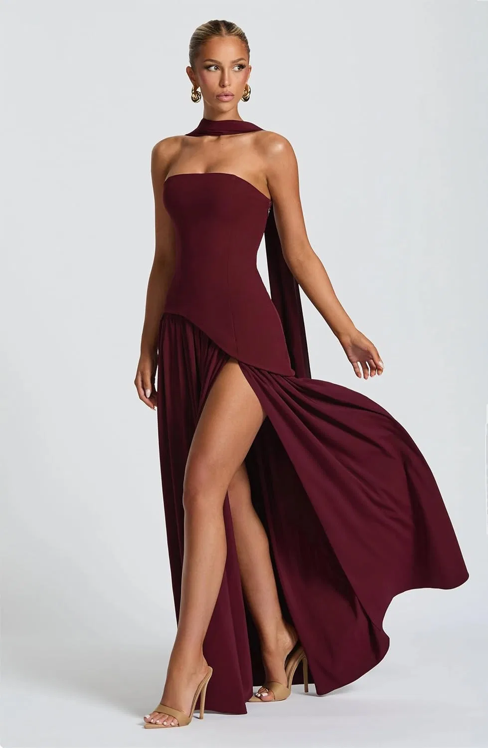 Женское вечернее платье с асимметричным разрезом, Corset Maxi, Wine Red — фото 4