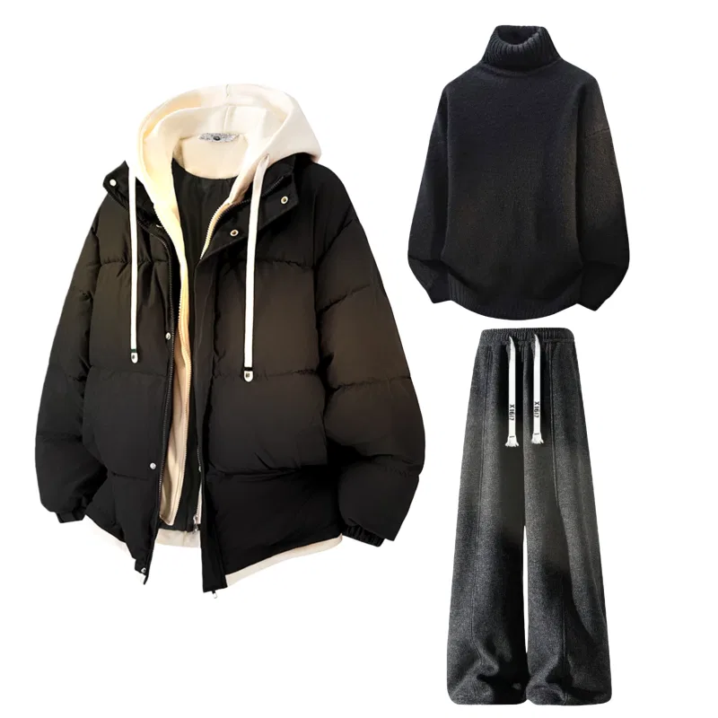 Детский комплект из пуховика, свитера и брюк с начесом X1617, Black