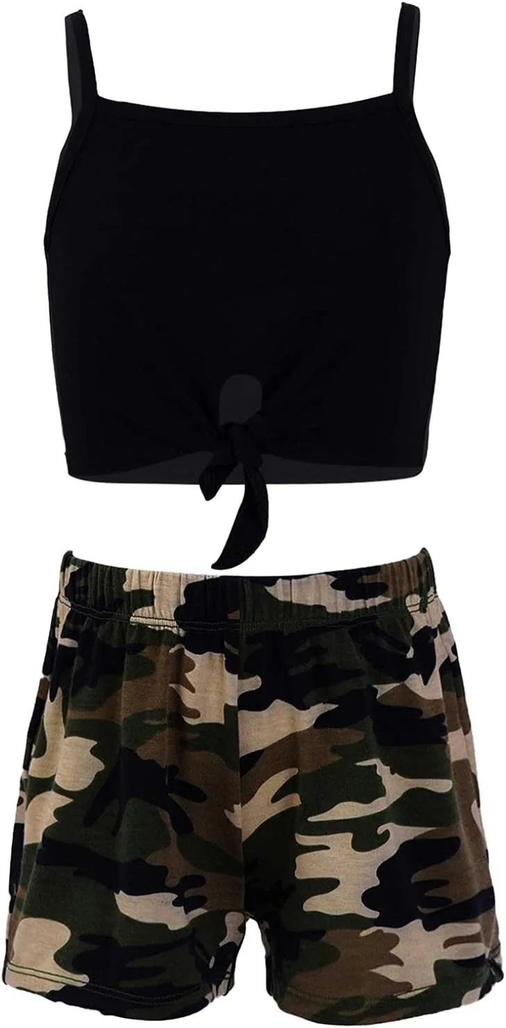 Детский спортивный костюм с камуфляжным принтом Choomomo, топ и шорты, Green_camouflage