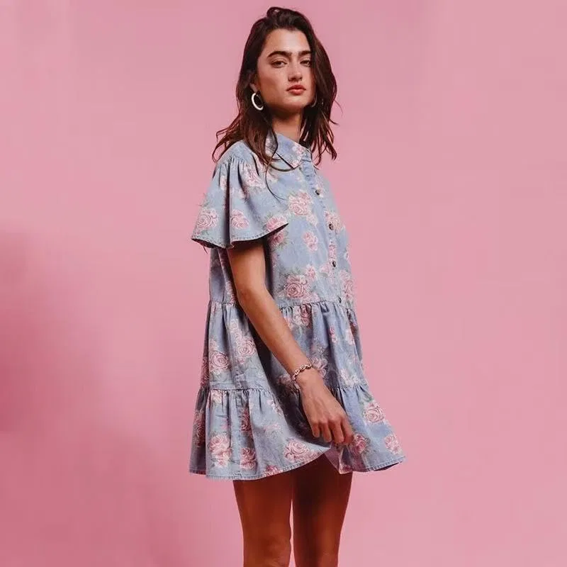 Женское джинсовое платье А-силуэта с цветочным принтом, Light Blue Print — фото 3