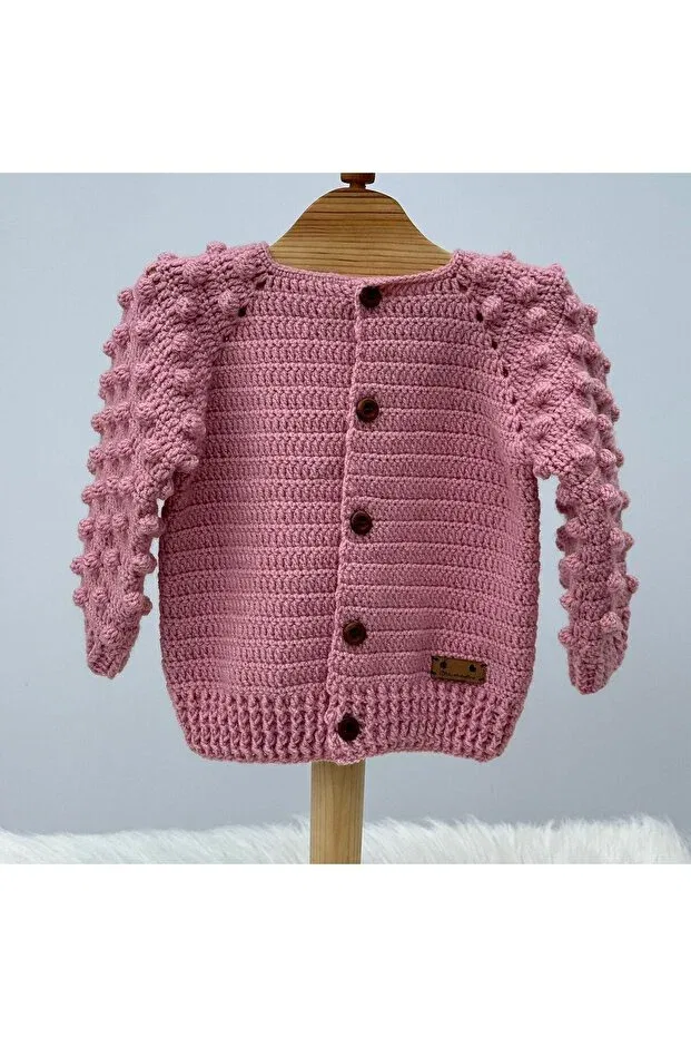 Детский кардиган для девочек вязаный Hand Knitted Crochet Popcorn Model El Örgüsü, Pink — фото 2