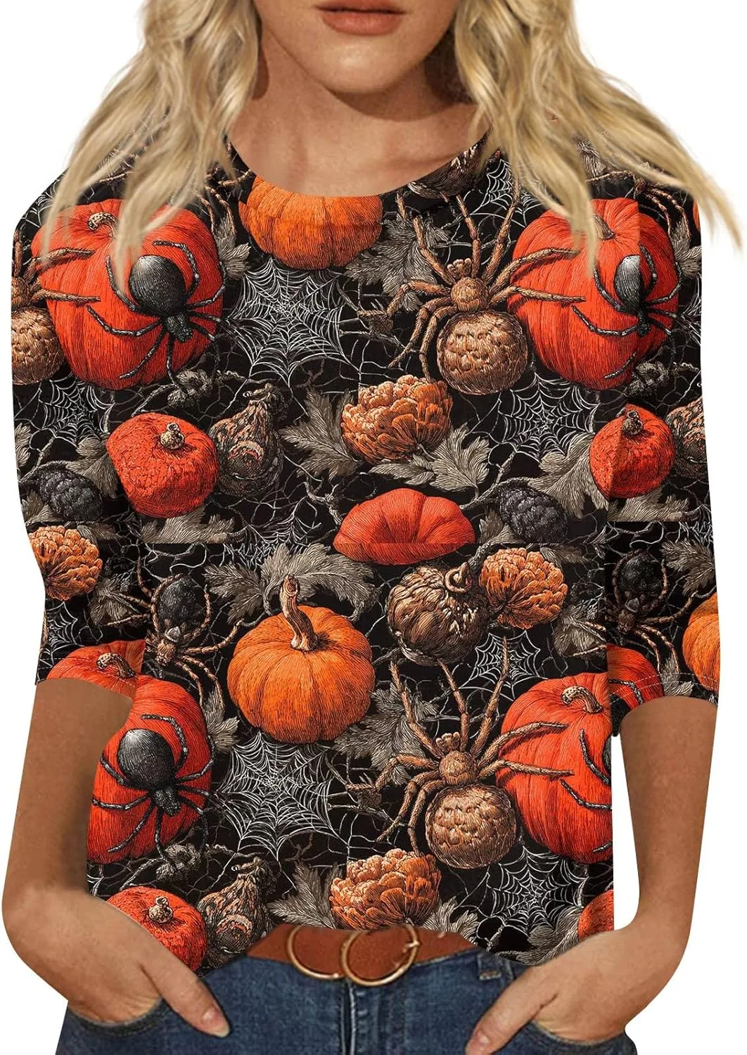 

Женская футболка с принтом на Хэллоуин, 3/4 рукава, свободный крой