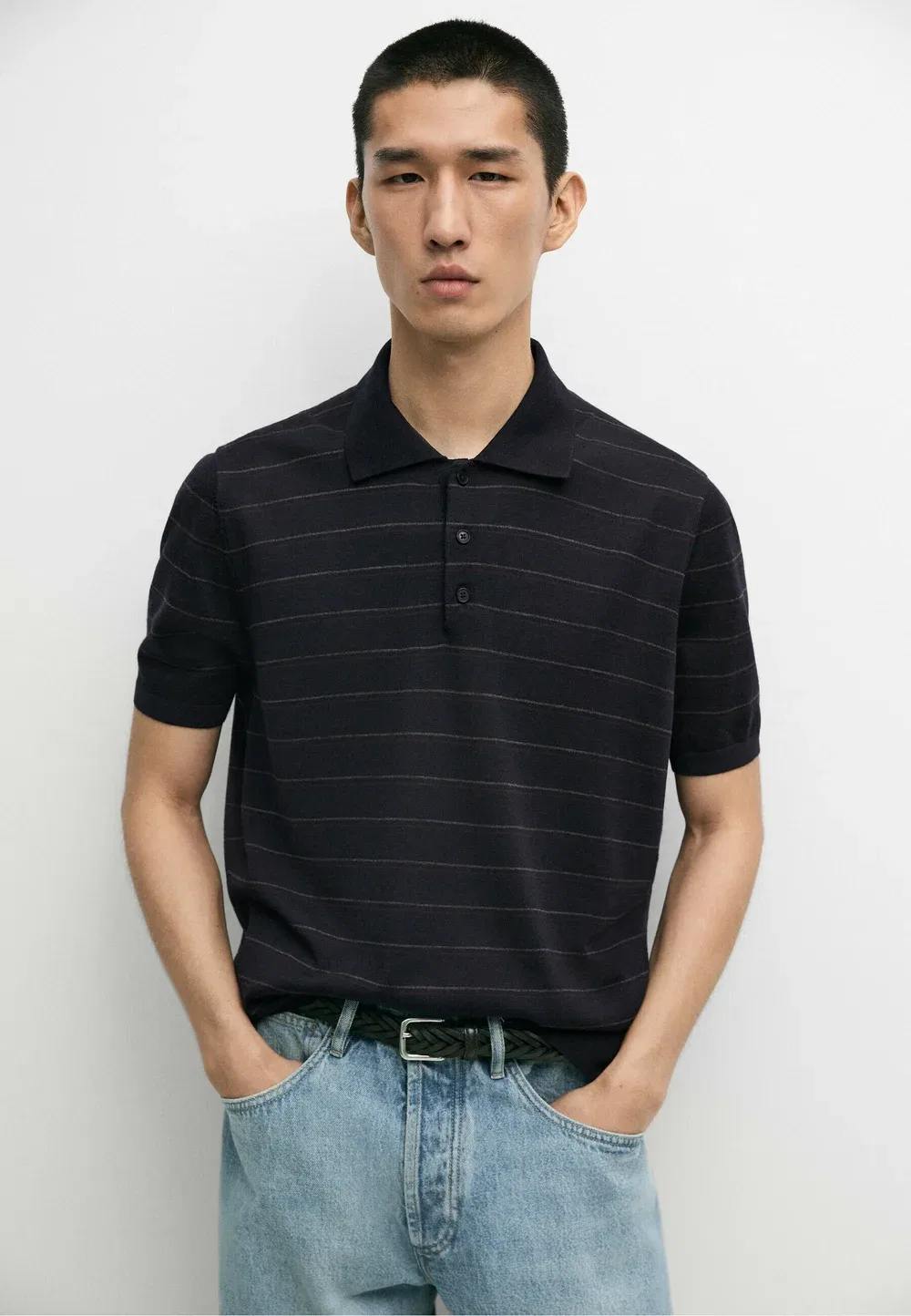 Полосатый вязаный поло с короткими рукавами - рубашка поло Massimo Dutti, Dark Blue