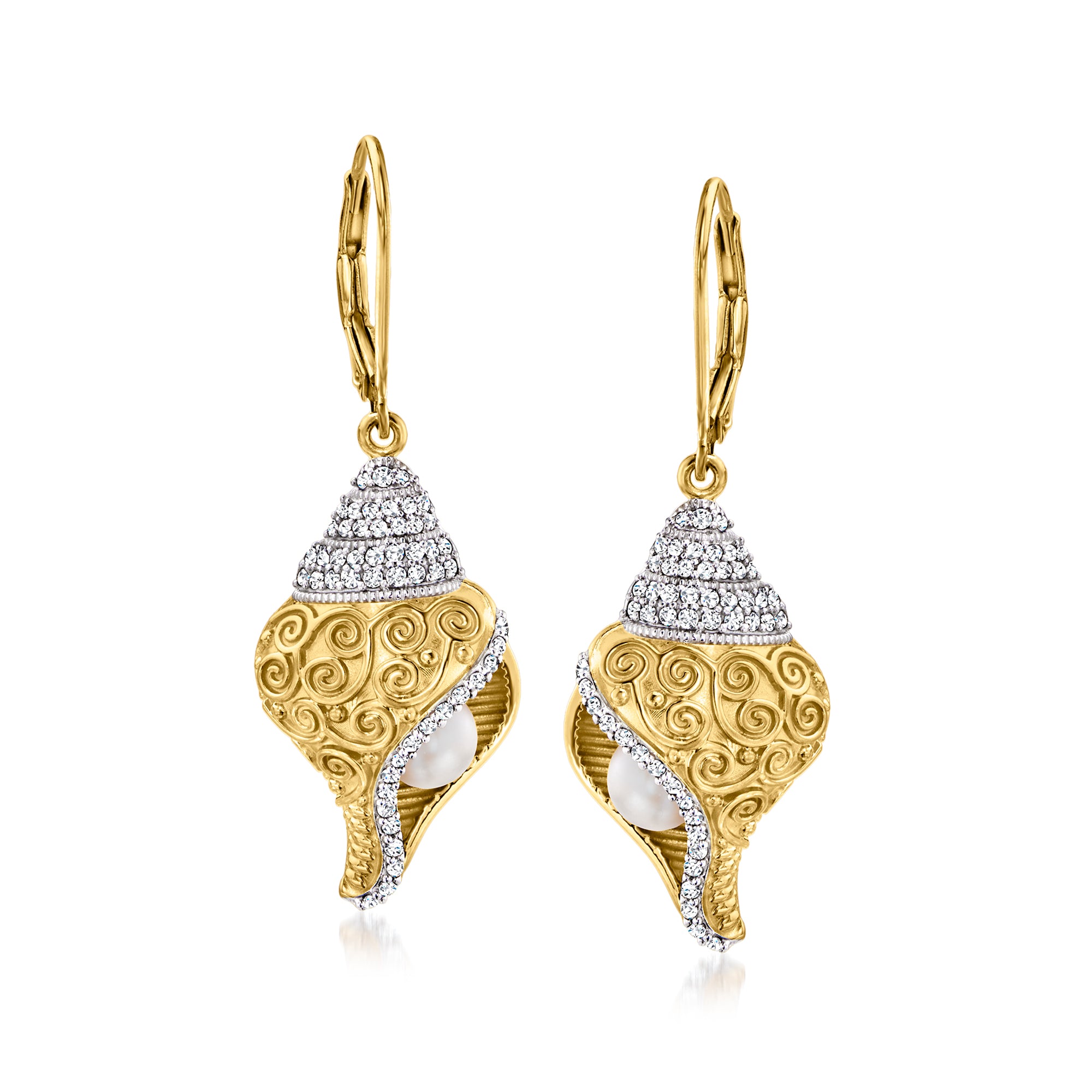 

Серьги-подвески Ross-Simons с культивированным жемчугом 5 мм и белым топазом из 18-каратного золота поверх стерлингового серебра Ross-Simons, белый