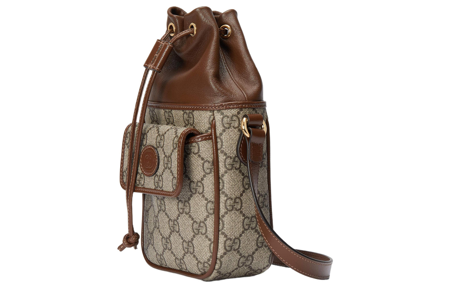 Мини-сумка-ведро GUCCI из канваса с кожаными вставками, коричневая — фото 2